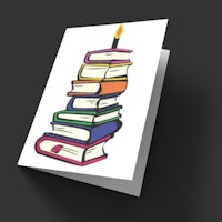 a card with a stack of books and a candle