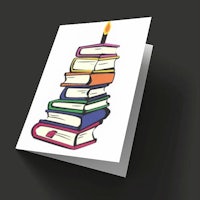 a card with a stack of books and a candle