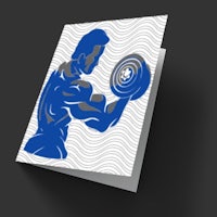 a blue card with a man lifting a dumbbell